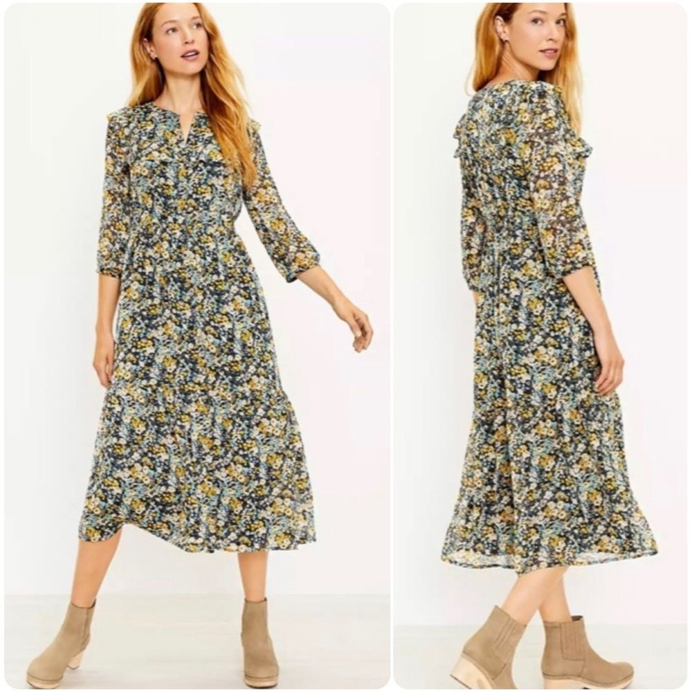 NWT LOFT Floral Ruffle Shoulder 3/4 Sleeve Midi Dress in Multi | Small